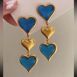 Gold and Blue Heart Drop Earrings